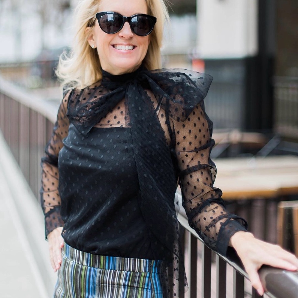 Milly Black Sheer Polka Dot Blouse with Bow